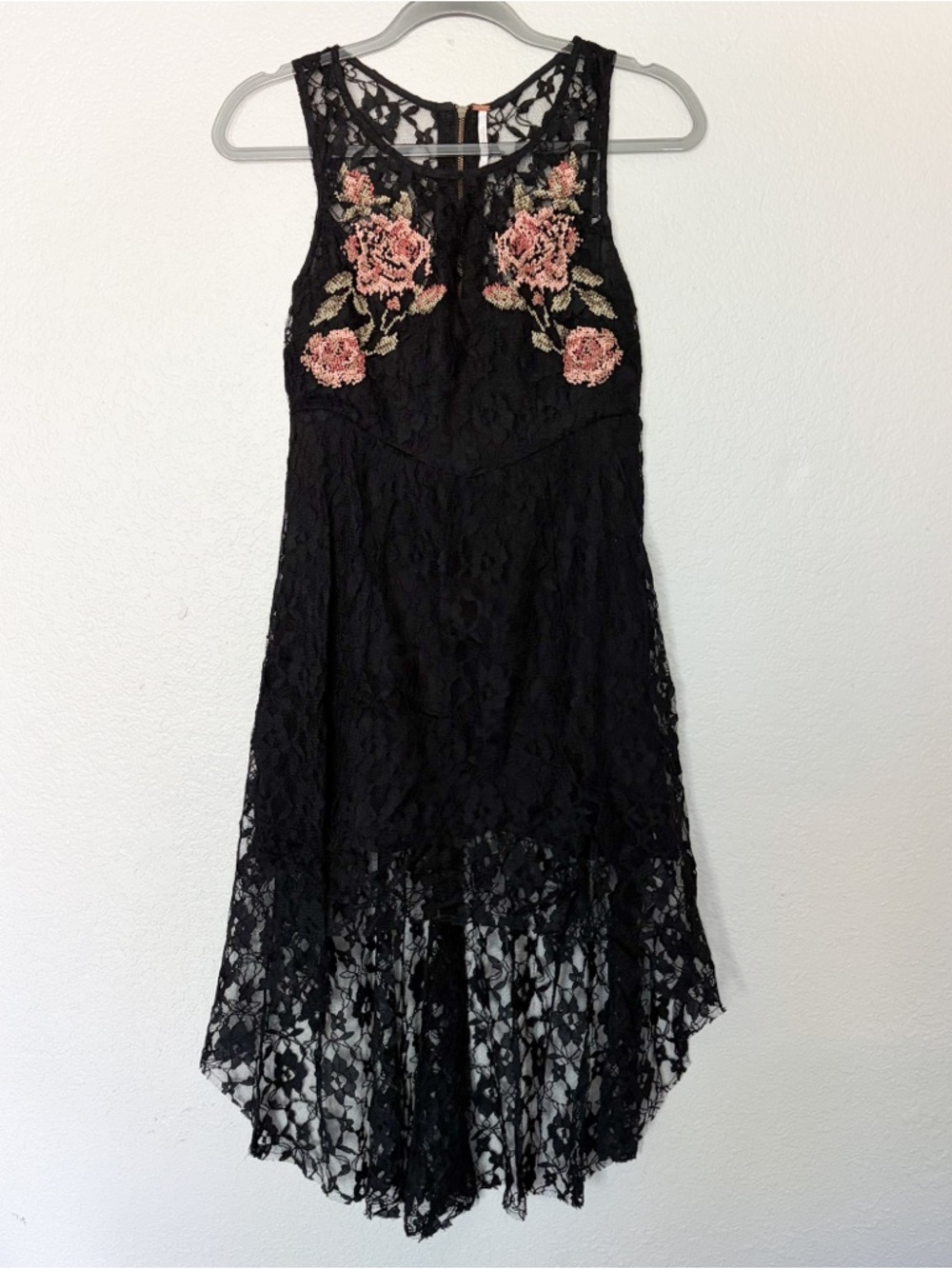Free People Lace Hi Low Floral Embroidered Mid Dress XS w/ Slip